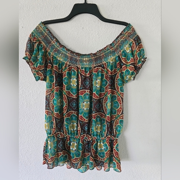 Love Tease Blouse Womens Sz M Multicolor Off Sholder Lightweight Coastal… - Picture 3 of 7